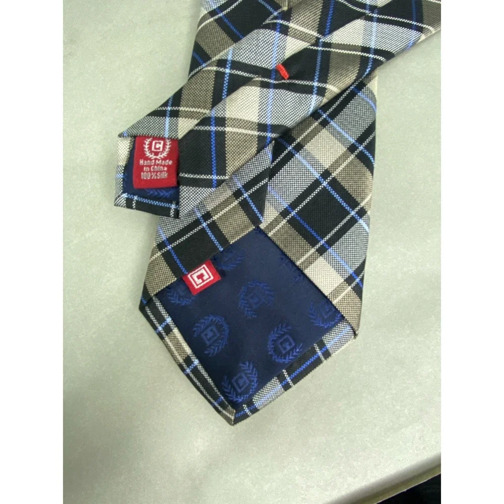 Chaps Mens Tie Black Tan Blue Plaid‎ Silk Classic Preppy